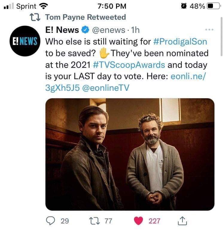 Phoenix_Ranger's tweet photo. @YMPhillips @FOXTV 167 days, over 4 million tweets, 62K+ signatures, $5.5K+ raised to TWLOHA, dozens of awards, support from dozens of sites from all over the industry, fans in over 40 countries, discussing the show in over 18 different languages - They did, but itβs not too late! #SaveProdigalSon https://t.co/tQDIvwFcmA