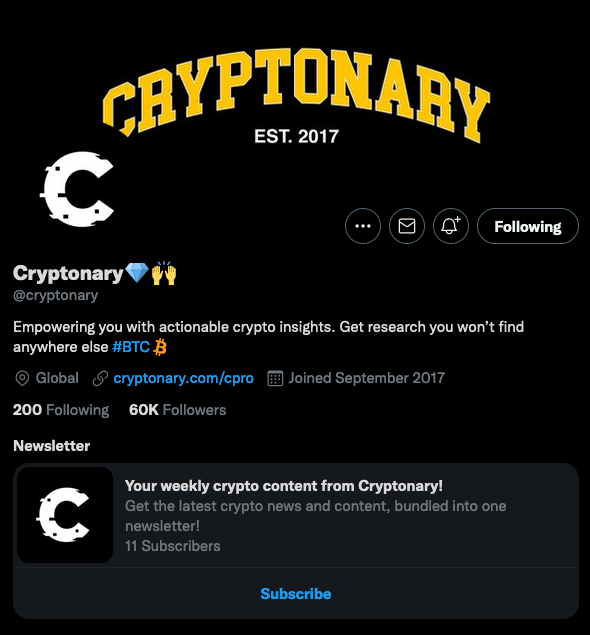 cryptonary's tweet photo. Want up-to-date, weekly crypto news? 

Subscribe to our newsletter, exclusively for Twitter. Just hit the subscribe button to get new content in your mailbox weekly! 

The first one drops tonight 🙌 https://t.co/SQ57UTARsj