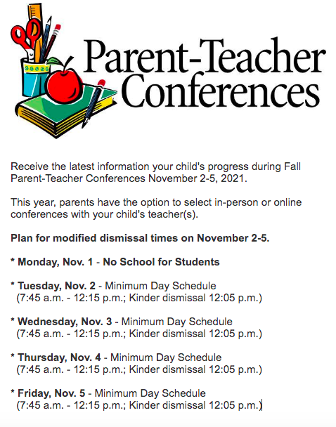 WWESGoMustangs's tweet photo. Parent Teacher Conferences Nov. 2 - 5.  Click on the photo for our modified daily schedule during conference week. https://t.co/pyuMfCFSA1