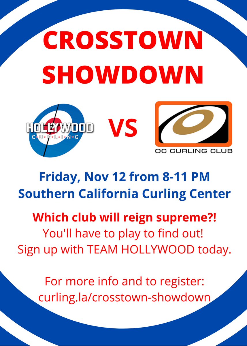 📣 HOLLYWOOD CURLERS 📣 We need YOU for our inaugural Crosstown Showdown with our friends <a href="/occurling/">OC Curling Club</a> where you’ll vie for points to determine the ultimate club winner feat. four 2-end mini games (always against an OCC team) + mystery challenges!