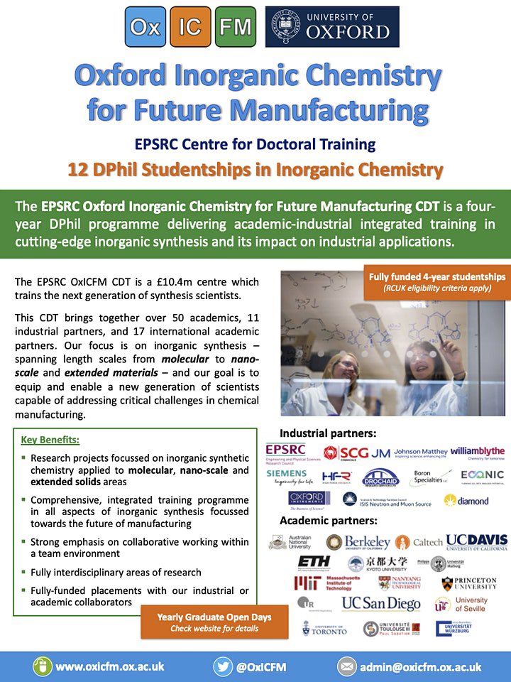 Aldridge Group (@groupaldridge) on Twitter photo Interested in doctoral research in organometallic/Main Group chemistry? We have projects available in both MG and TM catalysis (with <a href="/GoicoecheaGroup/">Goicoechea Group</a> and <a href="/dixon_group/">Dixon Group</a>) and in materials synthesis with <a href="/NicoleGrobert/">Nicole Grobert</a> for 2022 entry via the <a href="/OxICFM/">OxICFM</a> CDT. Virtual open day - 27 October Interested in doctoral research in organometallic/Main Group chemistry? We have projects available in both MG and TM catalysis (with <a href="/GoicoecheaGroup/">Goicoechea Group</a> and <a href="/dixon_group/">Dixon Group</a>) and in materials synthesis with <a href="/NicoleGrobert/">Nicole Grobert</a> for 2022 entry via the <a href="/OxICFM/">OxICFM</a> CDT. Virtual open day - 27 October