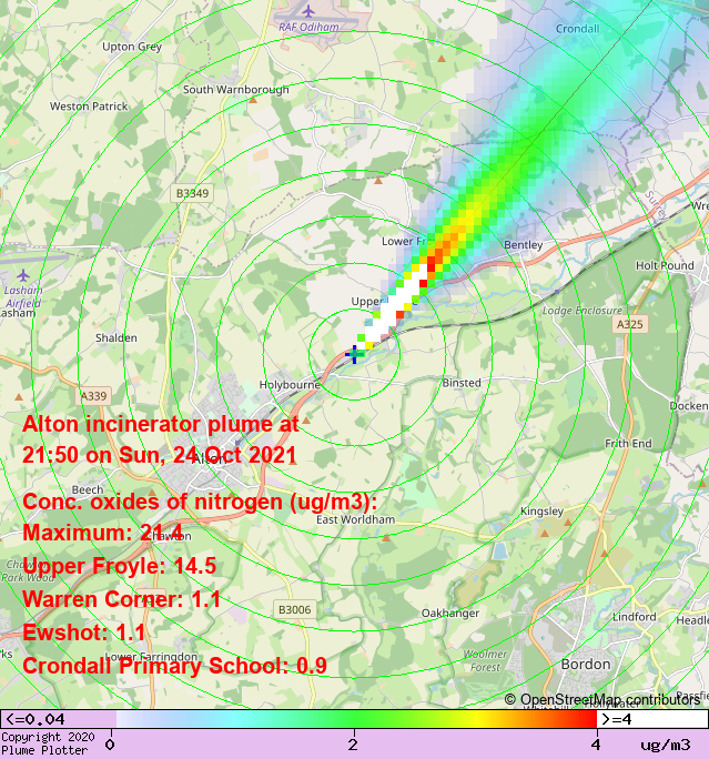 plumeplotter's tweet photo. Latest Alton incinerator plume plot, 21:50 24/10/21 #UpperFroyle #WarrenCorner #Ewshot https://t.co/VMzYTwGnPN https://t.co/2LZOl7CcuD