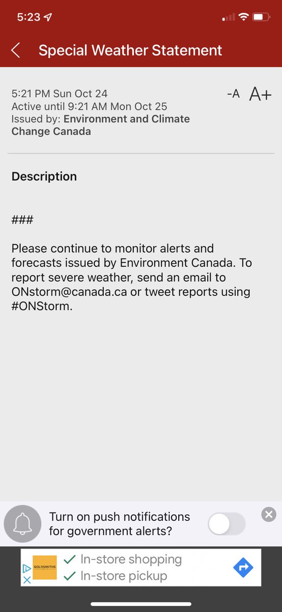 uncle_gong's tweet photo. Hey #ONStorm I just got this weather warning, but I’m confused as to what to lookout for…….. pounds or hashtags? https://t.co/GX0P8fYi6f