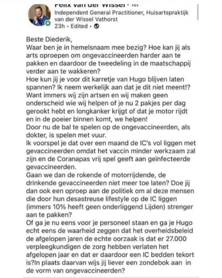 Deze moet ik effe kwijt.
Laten we hopen dat meerdere huisartsen nu opstaan @Bos_M <a href="/ErnaSchoonderbe/">Erna Schoonderbeek- Heijster</a> <a href="/thierrybaudet/">Thierry Baudet</a> <a href="/GideonvMeijeren/">Gideon van Meijeren</a> <a href="/fvdemocratie/">Forum voor Democratie</a> <a href="/NiemandsKnegt/">Niemands Knegt</a>