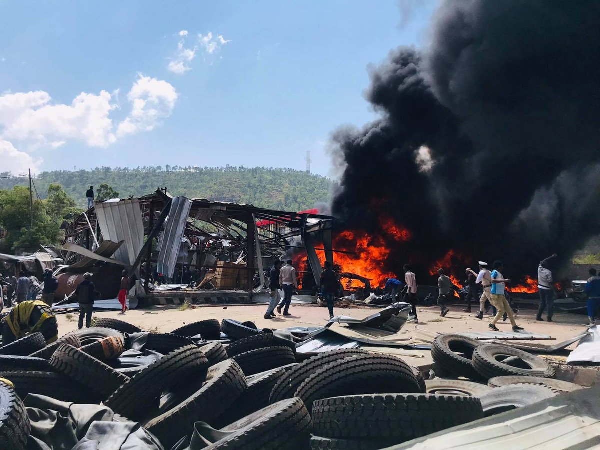 RTgraweti's tweet photo. The #Ethiopian gov wants to stay in #AGOA while obliterating Tigray's industrial capacity. These are 2 factories burning down after being bombed by Ethiopia. #RemoveEthiopiaFromAGOA

https://t.co/azLQS6Igf4 @SenateForeign @HouseForeignGOP @AmbassadorTai @USTradeRep