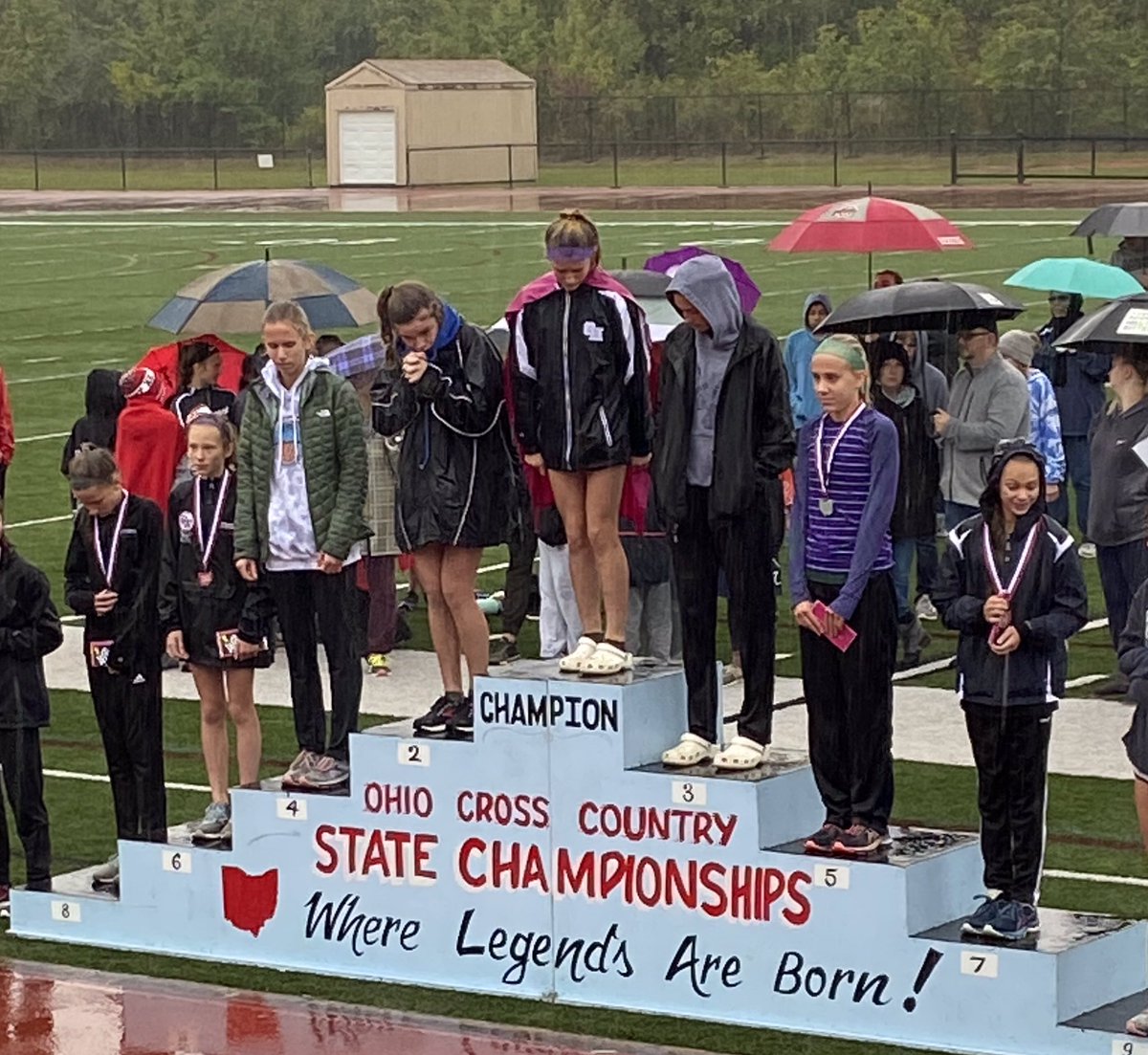 ERMSAthletics's tweet photo. Cross Country was in action on a soggy day the the Ohio Cross Country Championships @DJHSXCBoosters. Our Boys team finished 8th, while Girls took 10th. Our top individuals were Natalie Fouts (5th) and Ethan Ishida (21st). So proud of our Eagle Cross Country athletes! #SoarEagles https://t.co/xBfODa201l