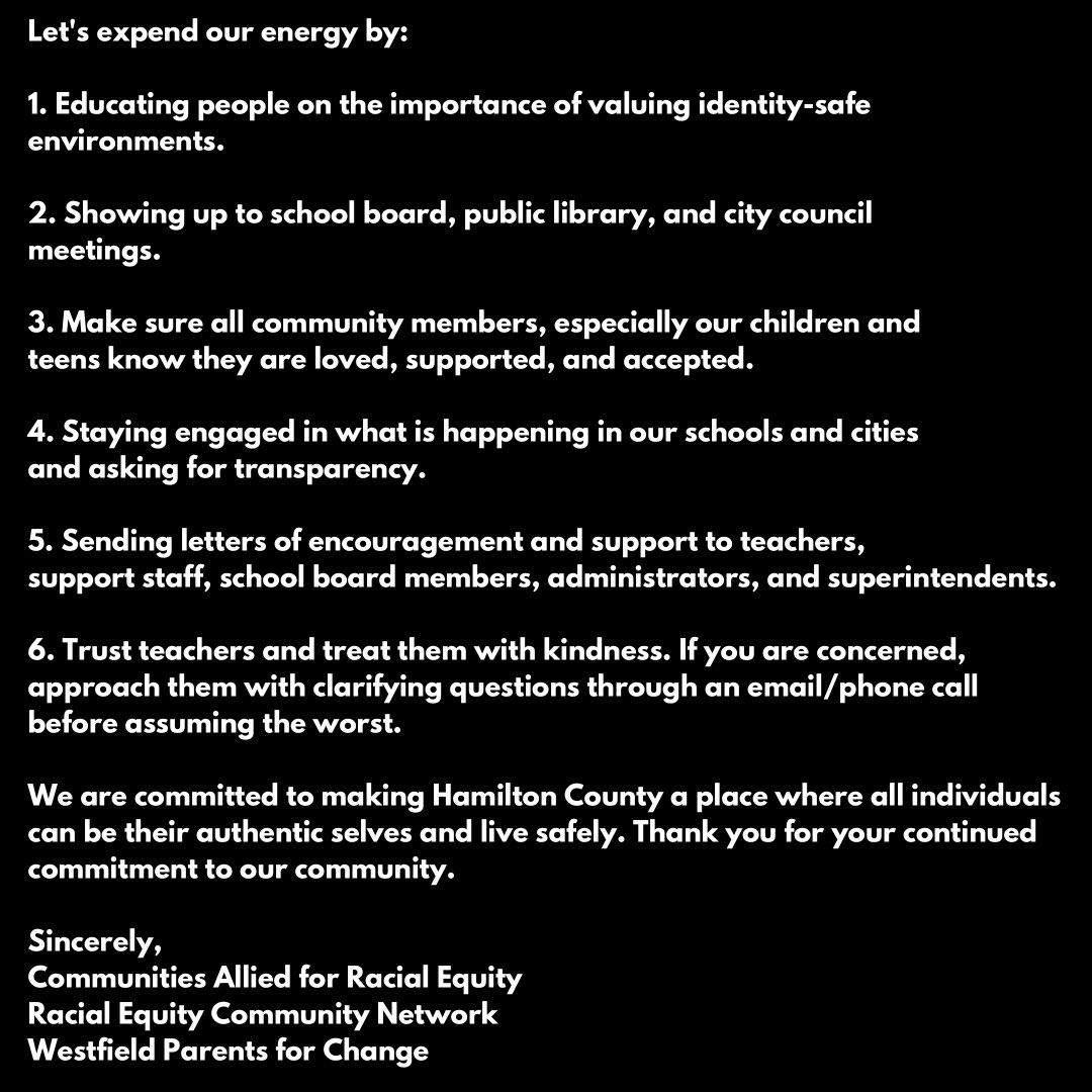 A statement to our community from RECN, Communities Allied for Racial Equity, and Westfield Parents for Change. <a href="/CARE_Indiana/">Communities Allied for Racial Equity</a>