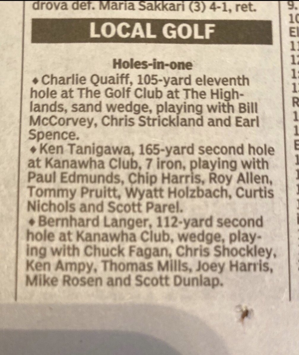 KenAmpy's tweet photo. Got a little love in the paper today. @BernhardLanger6, Champion’s Tour Pro and current points leader this year, hit a hole-in-one while I was playing with him on Monday. The rest of us watched and got our name in the paper too. 🤣 https://t.co/o4N4IbZFIw