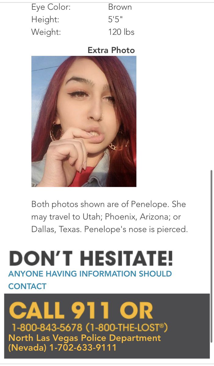 missing_usa's tweet photo. It only takes a few seconds to share this tweet. Here is Penelope Mitchell. She’s been missing since August 9th, 2020 in Las Vegas, NV. Please, if you have any leads or see anything, report to authorities or the contact info in the picture below. https://t.co/ZOpuP8qivY