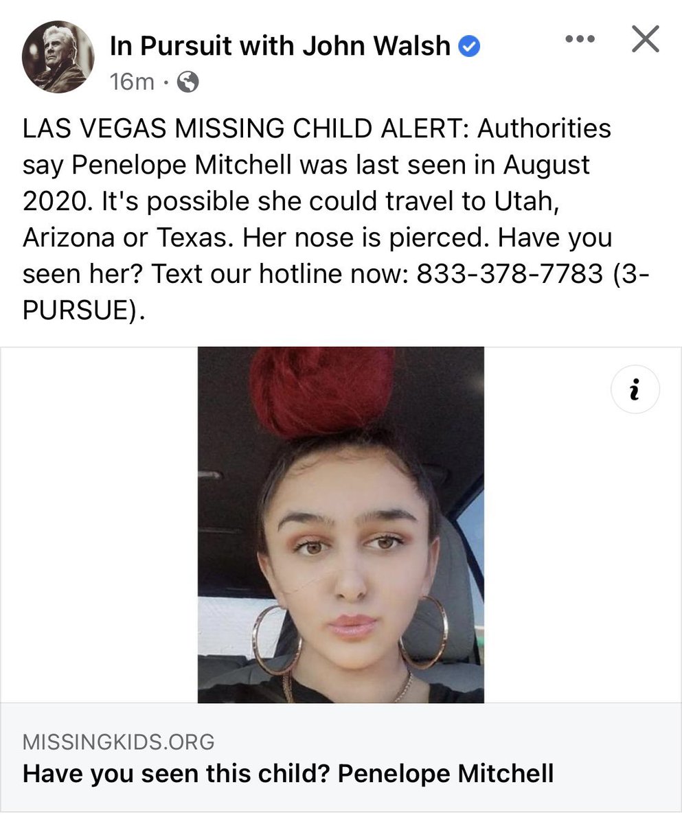 missing_usa's tweet photo. It only takes a few seconds to share this tweet. Here is Penelope Mitchell. She’s been missing since August 9th, 2020 in Las Vegas, NV. Please, if you have any leads or see anything, report to authorities or the contact info in the picture below. https://t.co/ZOpuP8qivY