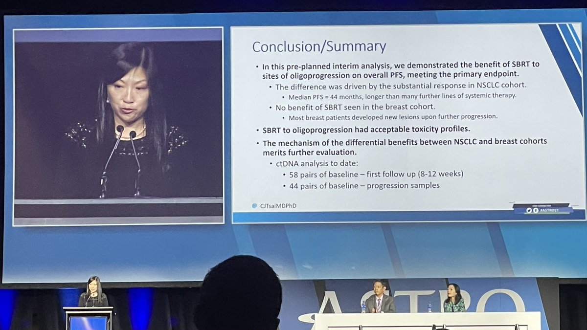 Nat Lester-Coll, MD (@drlestercoll) on Twitter photo <a href="/CJTsaiMDPhD/">C. Jillian Tsai, MD, PhD</a> presenting an interim analysis of CURB: Ph2 RCT of SBRT for ≤ 5 progressing sites shows improved PFS with SBRT, median PFS of 44 mos! No observed benefit in breast ca pts. SBRT well-tolerated.
👏 👏 👏
#ASTRO21 #lcsm #bcsm <a href="/CJTsaiMDPhD/">C. Jillian Tsai, MD, PhD</a> presenting an interim analysis of CURB: Ph2 RCT of SBRT for ≤ 5 progressing sites shows improved PFS with SBRT, median PFS of 44 mos! No observed benefit in breast ca pts. SBRT well-tolerated.
👏 👏 👏
#ASTRO21 #lcsm #bcsm