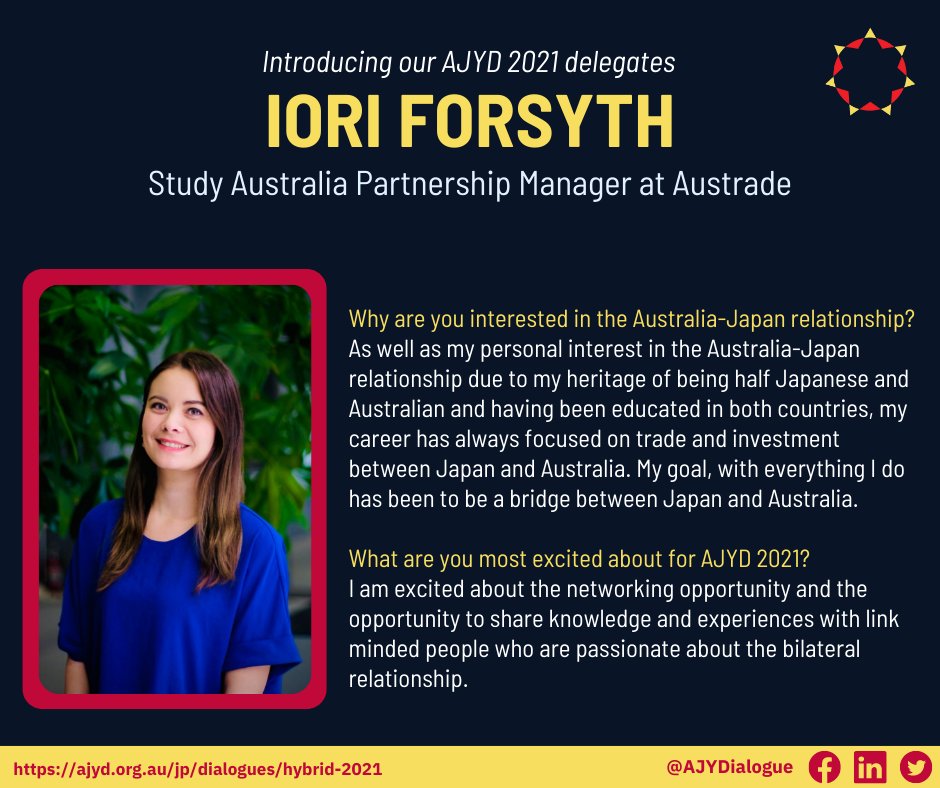 AJYDialogue's tweet photo. Introducing our #AJYD2021 delegates! [1/18]📢
Iori Forsyth is an International Education Specialist working at Austrade. She is looking forward to connecting with future leaders who are passionate about Australia-Japan ties at AJYD.
Get to know Iori here: https://t.co/mLyw1SlMj5 https://t.co/MtPKcZJDpV