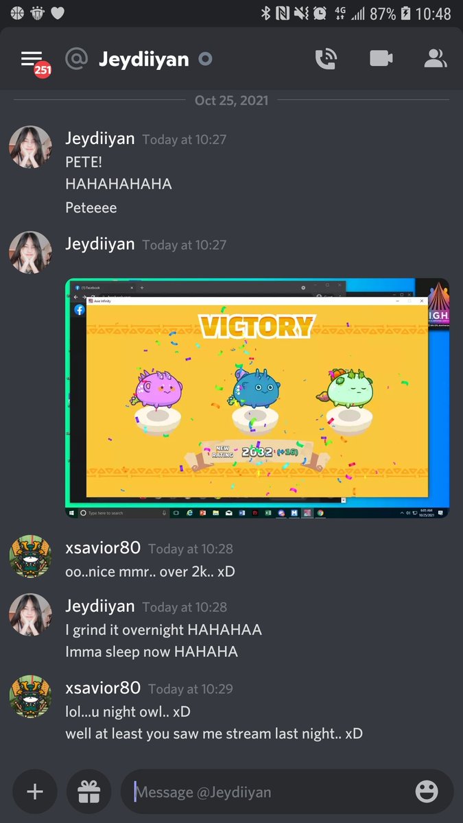 Xsavior80's tweet photo. Always nice to see my scholars talking to me n sharing their achievement with me even though I dun chase them..  xD

At the end, passion for gaming is derived from ownself n cannot be taught. Grinding is the key. :) @Jaledesa20

#AxieScholar
#AxieInfinity https://t.co/uhnTc9btoh