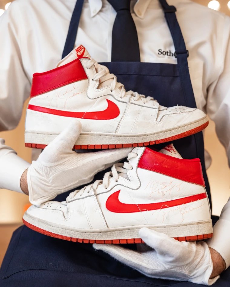 These are the earliest known game-worn Nikes by Michael Jordan. The “Air Ships” were game-worn and signed after his 5th NBA game. They just sold for $1.47 million today at Sotheby’s. That makes it the most expensive shoe ever sold at auction. 🤯 #nike #jordan #sothebysxmgm