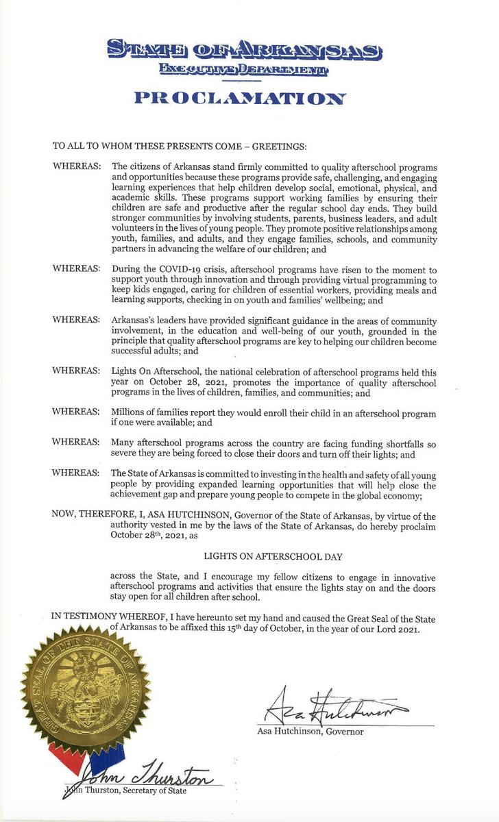 Governor Asa Hutchinson has proclaimed Oct. 28 #LightsOnAfterschool Day in Arkansas. Thank you Governor Hutchinson for highlighting the impact of afterschool programs for more than 62,000 young people across our state.