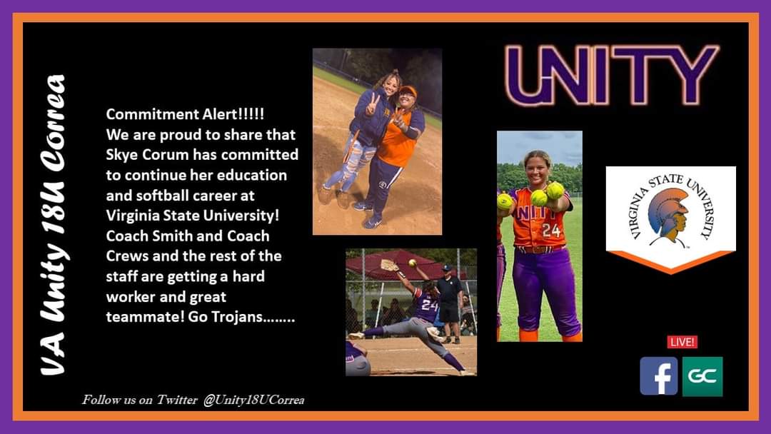 VAUnityCorrea's tweet image. Commitment Alert!!!!!!
We are proud to share that Skye Corum has committed to continue her education and softball career at Virginia State University! Coach Smith and Coach Crews are the rest of the staff are getting a hard worker and great teammate! Go Trojans.......