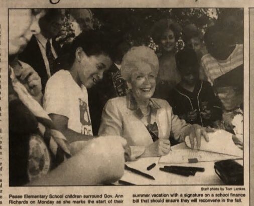 AClarkInAustin's tweet photo. Intro: I am on the AISD Long Range Planning Facilities committee &amp; an EAC sub-committee. It seems important to document the process in real time. 

Below is Gov. Ann Richards signing Public Edu bill into Law under the Pease ES cupcake tree. History matters. These places matter. https://t.co/8dGs0JIbnT