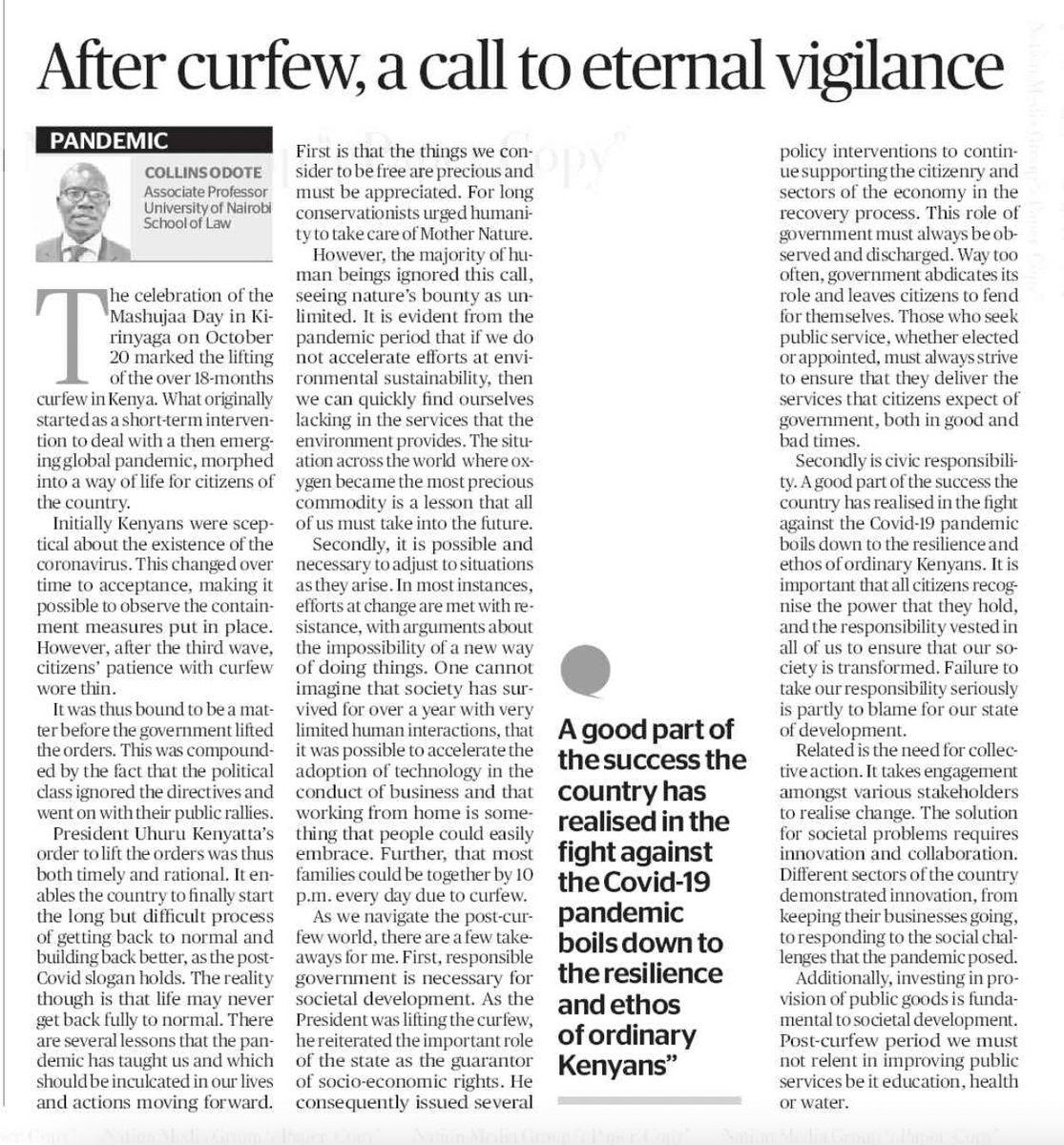 In the <a href="/BD_Africa/">BusinessDaily</a> today, <a href="/ProfOdote/">Prof. Collins Odote</a> calls for eternal vigilance now that the #curfew has been lifted #COVID19 including being responsible for our safety. @R_Kibugi