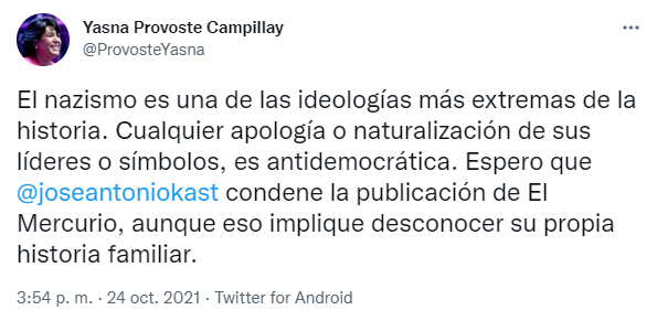 solo_gemma's tweet photo. Pido a todos los seguidores d Kast DENUNCIAR este twit d odio d Provoste, q lanza injurias COBARDES sin fundamentos contra nuestro candidato y su familia, sin medir consecuencias.
#KastPresidente2022 #KastEnPrimeraVuelta 
VOTA 2 RECUPEREMOS CHILE!! 🇨🇱✌️ https://t.co/AA1ZG5pH6U