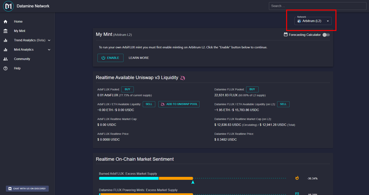 dataminenetwork's tweet photo. 🔥The #ArbiFLUX #decentralized dashboard is now live!

- Instantly switch between L1 &amp; L2 @arbitrum network
- Access @Uniswap L2 liquidity pools
- Real-time #analytics
- Move $FLUX from L1 and Mint #ArbiFLUX on L2 with instant txs and low fees!

#DeFi 👍

https://t.co/EsnZs3DP0q https://t.co/QqoleoGiAK