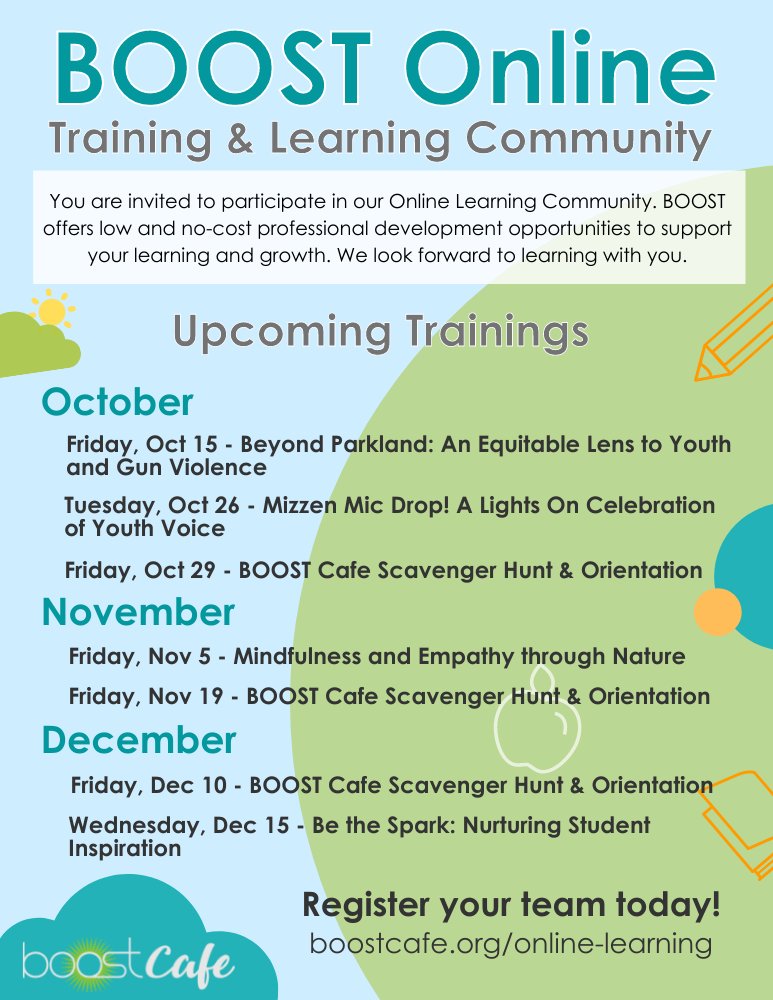 TEAMBOOST's tweet photo. We have a lot of wonderful no-cost #BOOSTtraining opportunities in the pipeline! Join us for #professionaldevelopment around mindfulness in nature, a LIVE #MizzenMicDrop event & more. Visit our online learning page to register your team for free! https://t.co/hdStgcyZwA https://t.co/kTMro0QGDX
