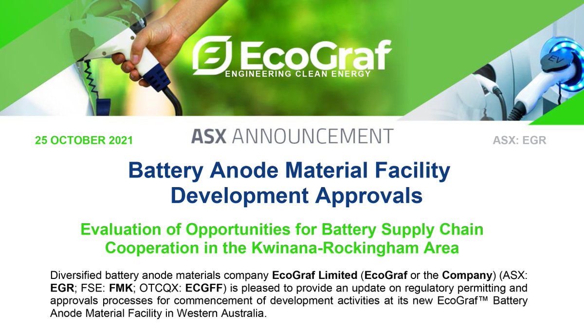EcoGraf's tweet image. #BatteryAnodeMaterial Facility Development Approvals. Evaluation of Opportunities for #BatterySupplyChain Cooperation in the Kwinana-Rockingham Area.
Read #ASX Announcement: bit.ly/3b8VM42

ASX $EGR  FSE $FMK  OTCQX $ECGFF
#CleanEnergy #LiB #GreenSteel #ProductInnovation