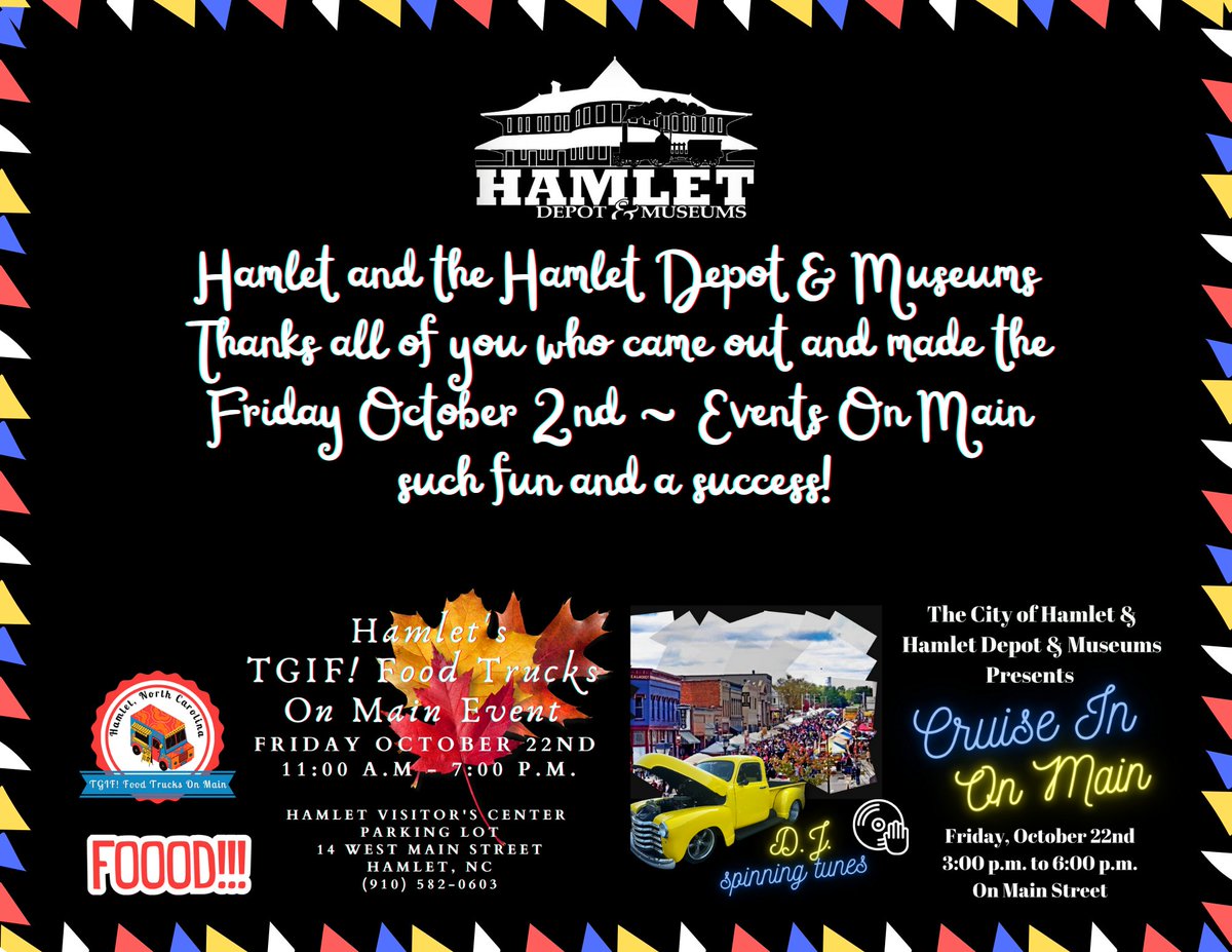 Hamlet Depot &amp; Museums also thanks all of you who purchased our 50/50 raffle tickets as a fundraiser to benefit the Hamlet Historic Depot, Inc. which we operate under.  And a shout out to Hamlet's very own, Arlo's Wrecker Service folks for purchasing the most raffle tickets.