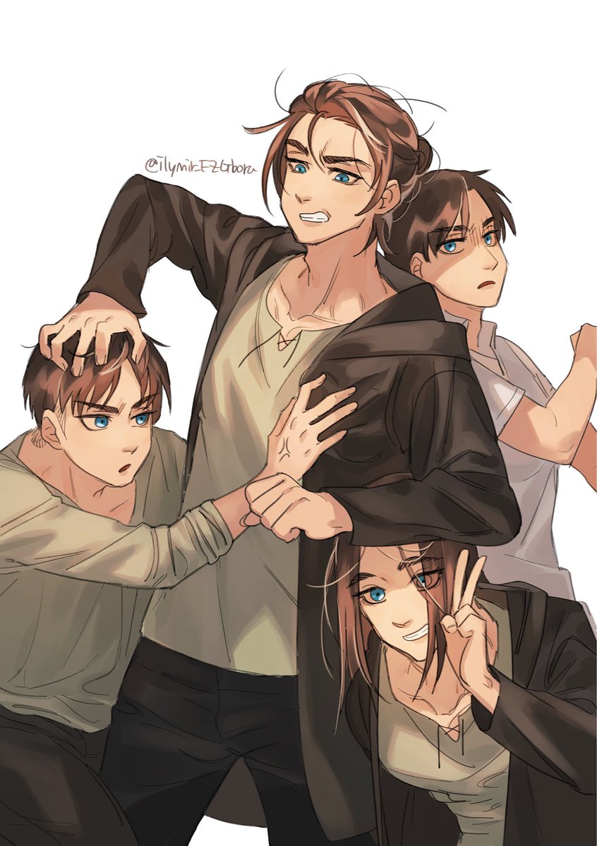 eren yeager brown hair multiple boys 1girl blue eyes shirt short hair white background  illustration images