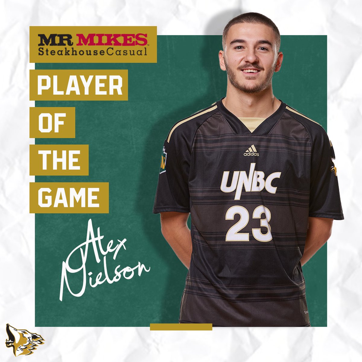 In his final <a href="/CanadaWest/">Canada West</a> game, <a href="/UNBCMSoccer/">UNBC Mens Soccer</a> senior <a href="/alexxnielson/">Alex Nielson</a> earns a well-deserved <a href="/MrMikesPG/">MR MIKES PG</a> Player of the Game in <a href="/UNBC/">University of Northern British Columbia (UNBC)</a>'s 1-0 win over <a href="/GoTRUWolfPack/">TRU WolfPack 🐺</a>