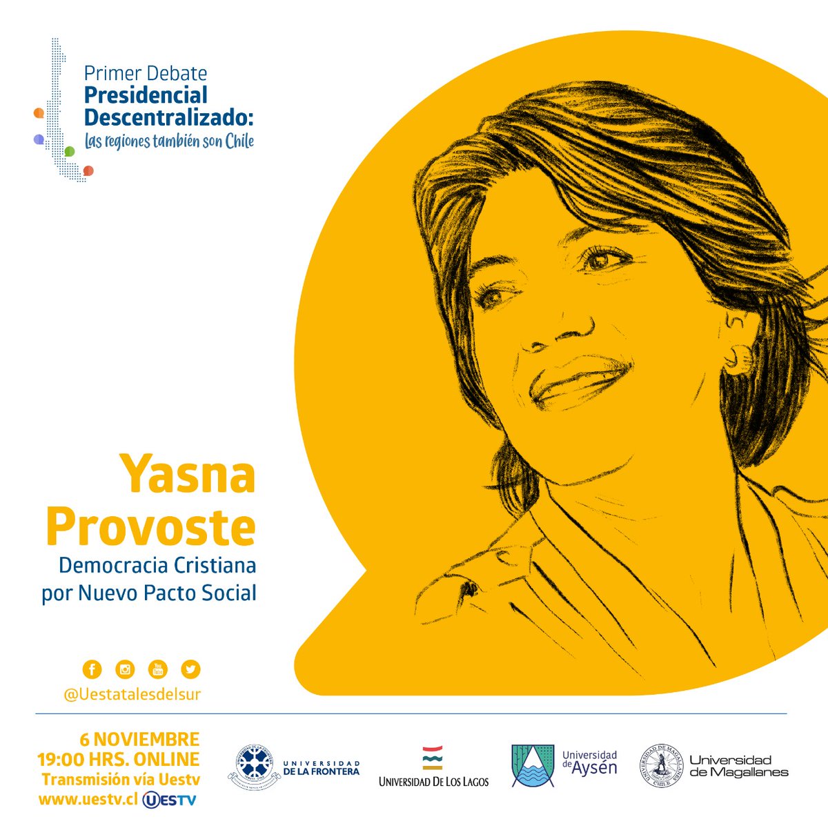 Levantando las manos¡Descentralicemos el debate! Porque las regiones también somos Chile
Candidato confirmado: 
<a href="/ProvosteYasna/">Yasna Provoste Campillay</a> 

 6 de noviembre a las 19:00 horas por los distintos canales de UESTV 
#uestatales #debatedelsur #Chile #Elecciones2021