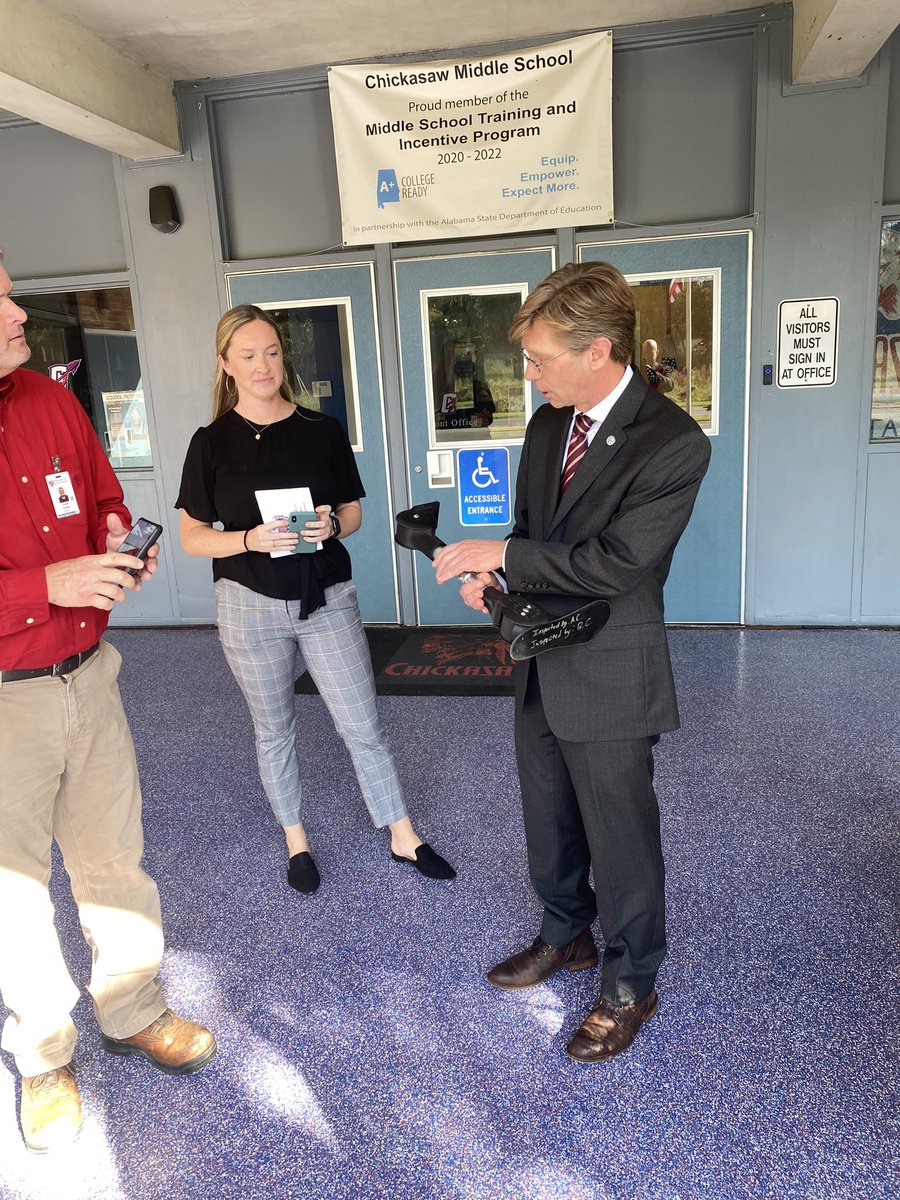 So proud of CTE teacher Brian Copes! He is showing the production prosthetic leg made at Chickasaw High School.