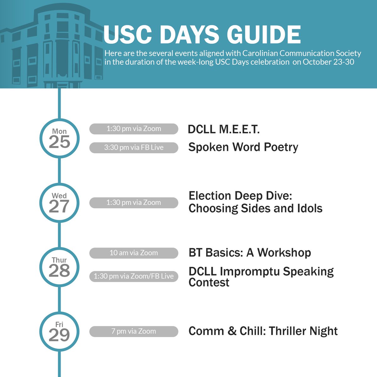 CarolinianComm's tweet photo. Heads up! Here's a calendar guide to help you navigate the CCS-affiliated events in the USC Days celebration. #ConveyingToTheMasses https://t.co/zj9tUhXriz