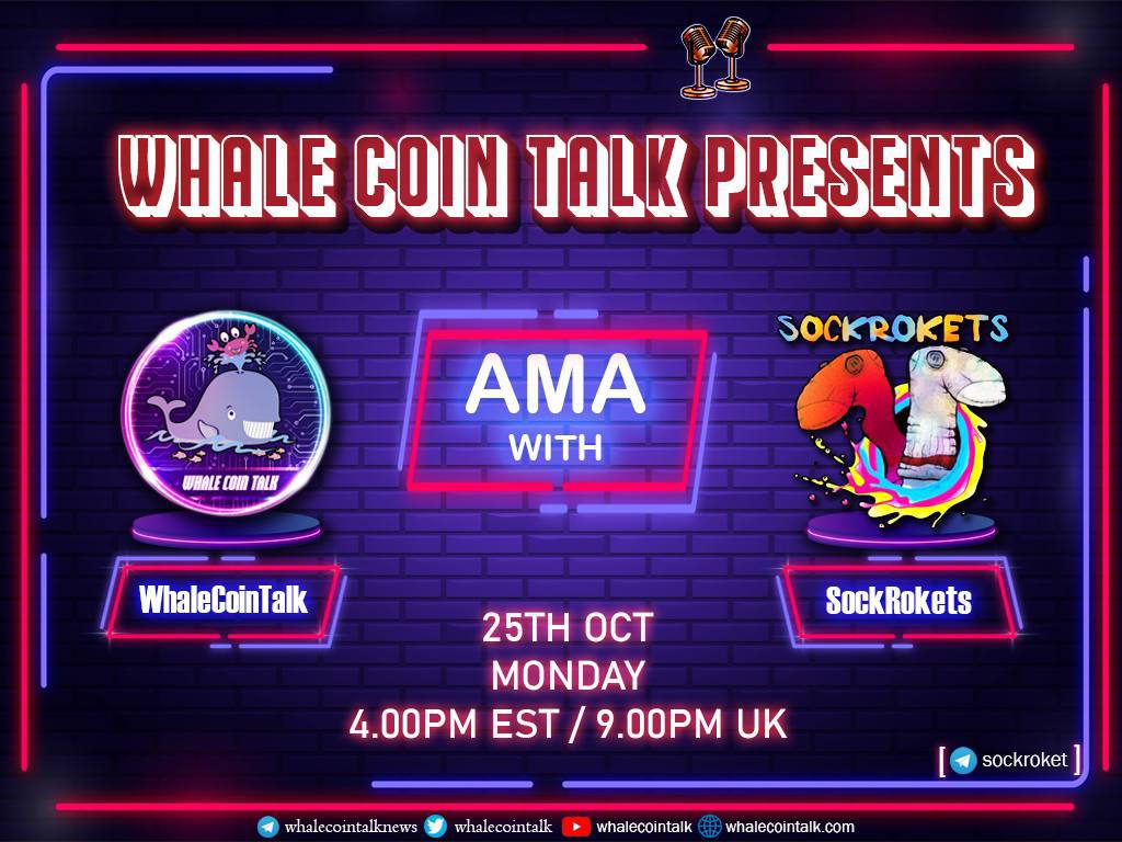 📢𝑨𝑴𝑨 𝑨𝑵𝑵𝑶𝑼𝑪𝑬𝑴𝑬𝑵𝑻 📢 

📣 AMA with <a href="/SockRokets/">SockRokets</a>
📅 Join us on 10.25.21
⏰ 4PM EST / 9PM UK
☎️ t.me/SockRoket

🐳𝑆𝑒𝑒 𝑦𝑜𝑢 𝑡ℎ𝑒𝑟𝑒 𝑓𝑒𝑙𝑙𝑜𝑤 𝑤ℎ𝑎𝑙es🐳