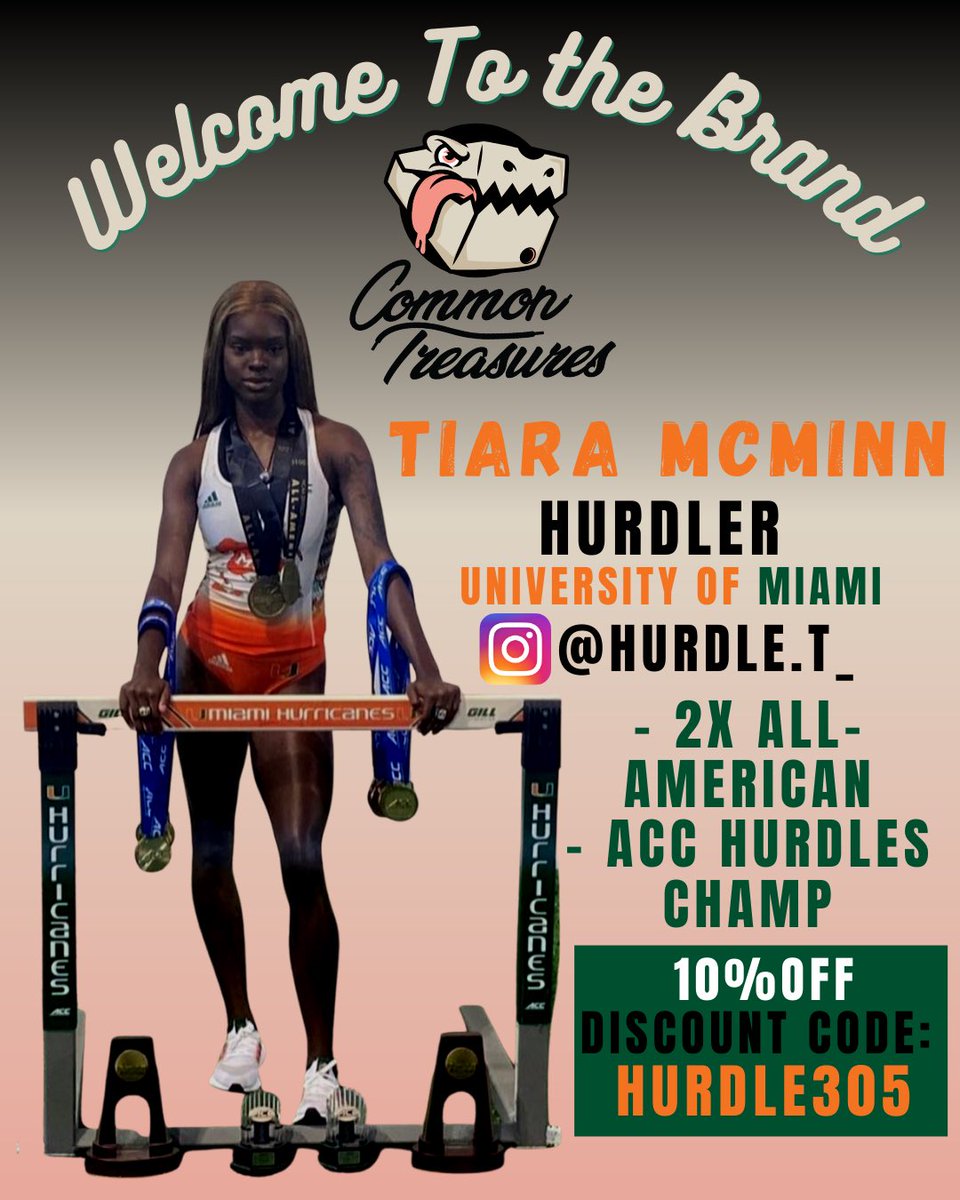 CommonTreasures's tweet photo. Very excited to announce that Tiara McMinn is now part of the Common Treasures Brand! 

McMinn is a 2x All-American and ACC Hurdles Champ, now in her Senior Year at the University of Miami. 

Please go support Tiara and use her 10% off discount code on all products: HURDLE305 https://t.co/S72UxJfnyq