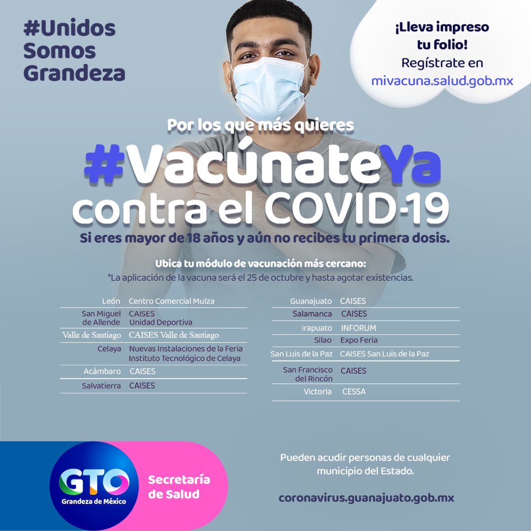 💉🎉🙂🔜Por el #Bien de todos #VacunateEvitaElContagio, mañana lunes sigue la vacunación contra el #coronavirus.
Consulta los puntos en: coronavirus.guanajuato.gob.mx/vacunacion.php