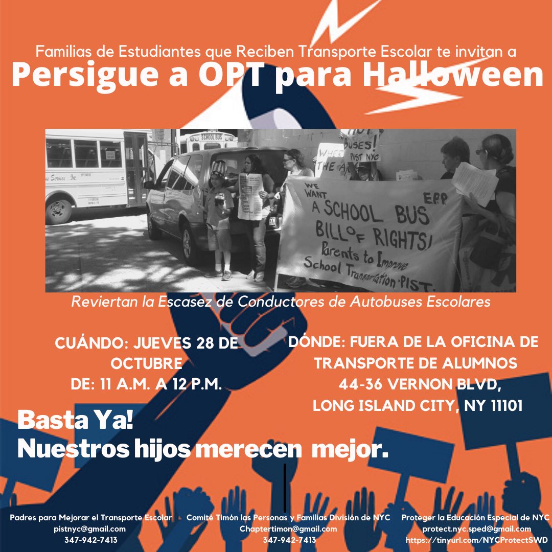 ¡Únase a los padres y defensores para exigir que OPT arregle su lío! <a href="/NYC_ProtectSWD/">Protect Special Ed NYC</a> <a href="/NycProtect/">Jessica Waverka - Protect NYC Special Education</a> <a href="/timon_people/">Comite Timon People and Families Chapter NYC</a> <a href="/CanceMilagros/">Milagros Cancel</a> <a href="/pistnyc/">Parents to Improve School Transportation</a> <a href="/go3snyc/">Special Support Services</a>