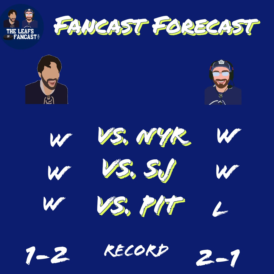 TheLeafsFancast's tweet photo. Rough week for the boys on the #FanCastForecast
@TheDannyMags drops to 1-5
@JReadyOrNot moves to 3-3
What does the Forecast have in store for boys this week? Tune in tomorrow at 6pm ET on Twitch to find out.
#NotFanCastic #LeafsForever #BudsAllDay #TMLTalk https://t.co/z4r8pN2oxj