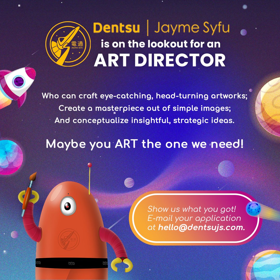DC_Philippines's tweet photo. ART you the one we're looking for? We are searching the galaxy for an ART DIRECTOR 🖌

If you’ve got what it takes, send your CVs to hello@dentsujs.com. Make sure to label your subject headline with the position you’re after.

#MayOpeningBaDiyan https://t.co/a8PbBFuXKh