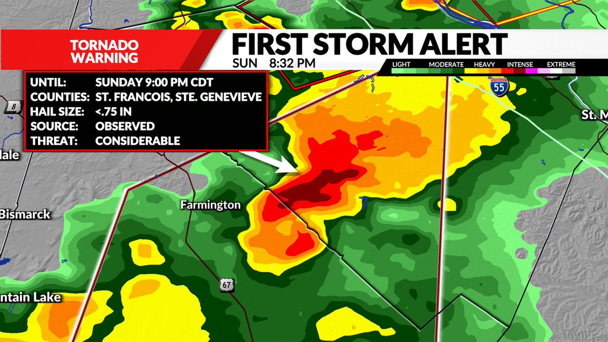 AngWxGrl's tweet photo. Seek shelter now: NWS confirms an OBSERVED tornado over Farmington, MO moving northeast at 45mph. 
A Tornado Warning remains in effect until 900 pm for  St. Francois and Ste. Genevieve Cos.
 #stlwx https://t.co/Me2d11YJPR