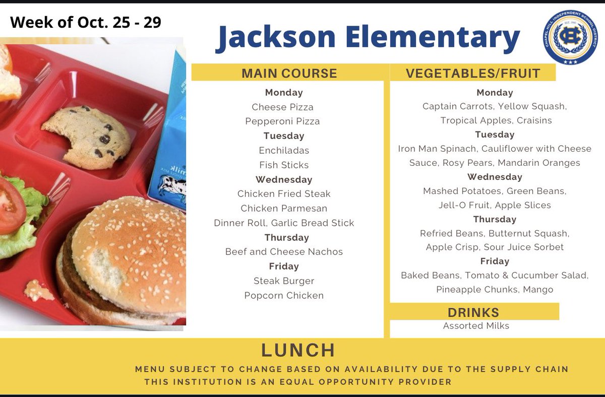 Take a look at our menu for the week! <a href="/ChapelHill_ISD/">Chapel Hill ISD</a> @Carp_CHISD