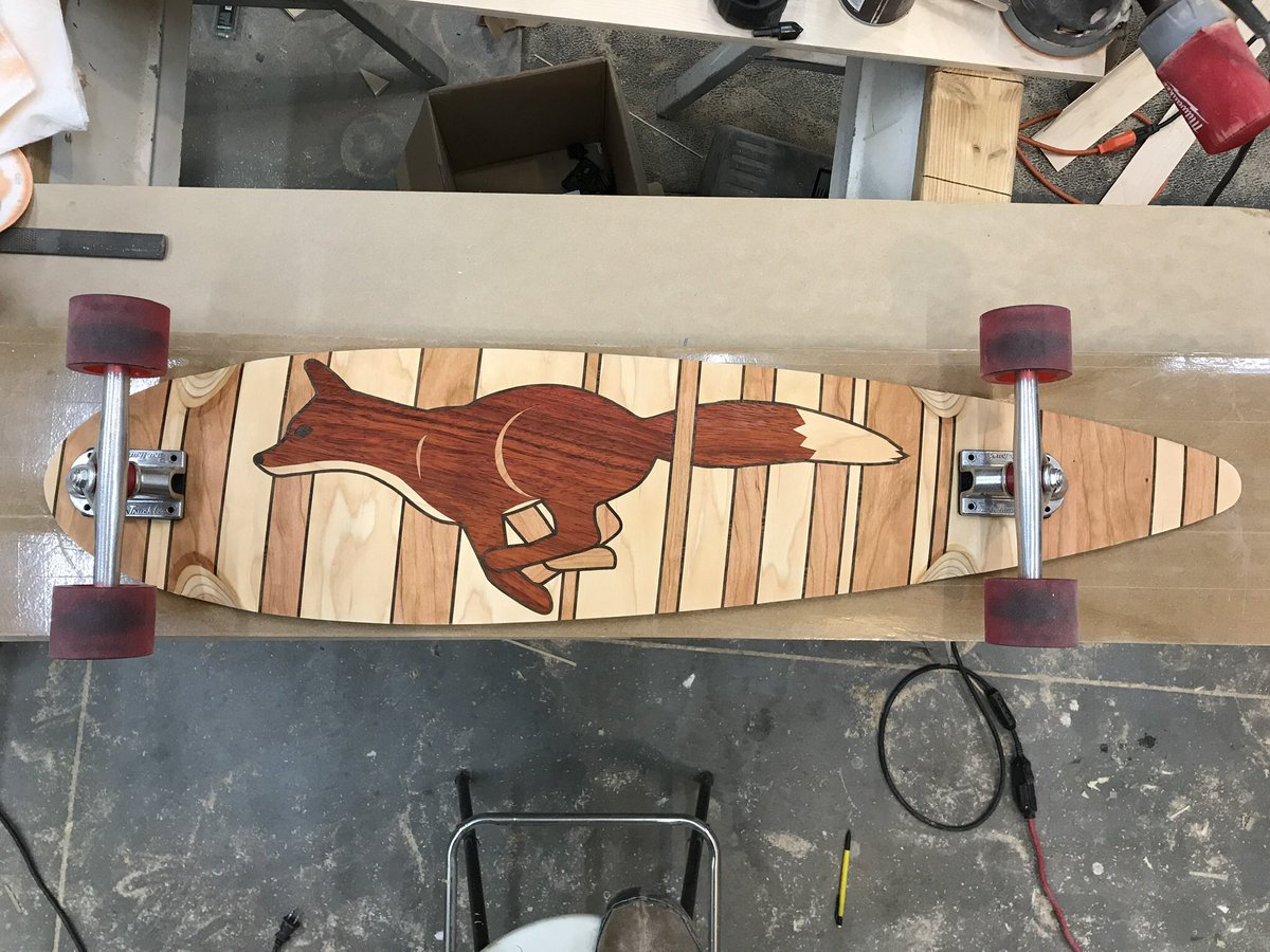 lucaspeters's tweet image. A thing I made: longboard deck for my son. He likes foxes.