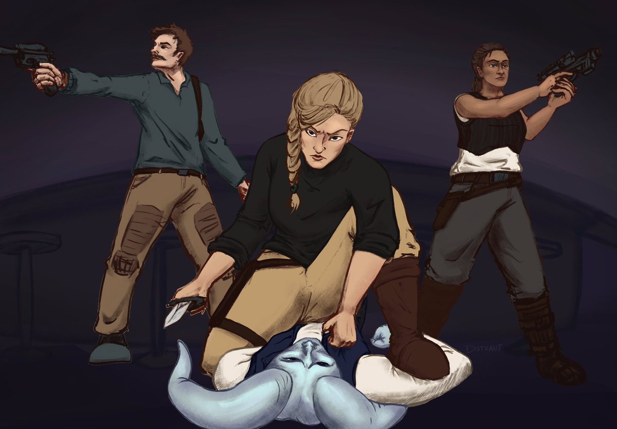 DistraKit's tweet photo. Continuing my #StarWarsRPG kick, here are some characters from a scene in the game I’m in, one being Syala, whom you may have already seen in a previous post. Poses are hard and I need to work on them, as this took way too long.

#digitalart #characterart #starwars https://t.co/37ffnrTQN7