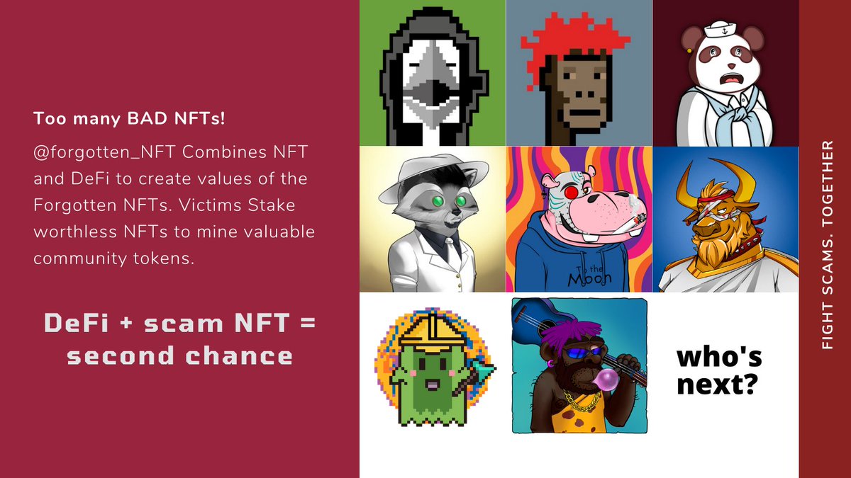 Twitter Doesn't like telling people another side of NFT. They suspended the <a href="/forgotten_NFT/">TheForgottenNFTs</a>. They prefer fake giveaway, rug pulled project. If you have worthless NFTs, please join our discord: 
discord.gg/qhva74Ve4q
DeFi + NFTs = Saving victims
#NFT #nftcollector #Fightscam