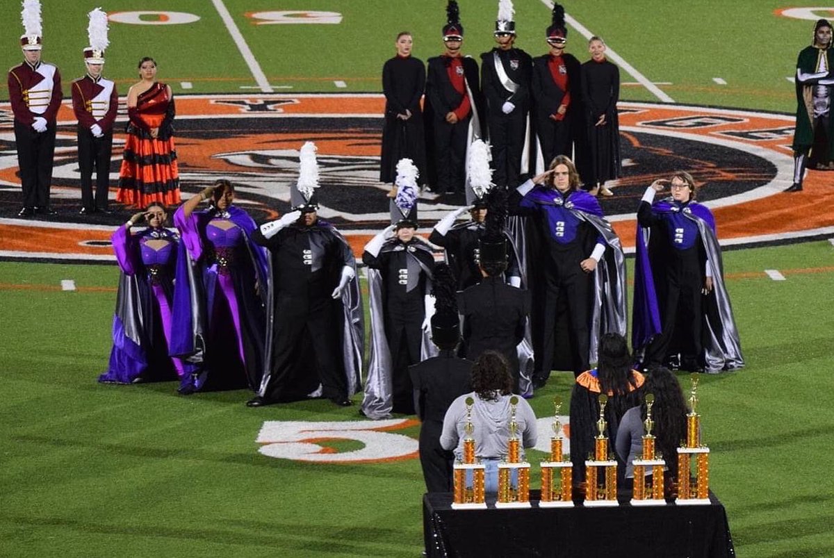 What a great night last night at Chaffey! First place in 6A with a score of 75.93, second place in auxiliary with a score of 73.00, second place in percussion with a score of 76.50, and general effect sweepstakes with a score of 156.0! Keep up the amazing work Rancho! 💜🖤🐾