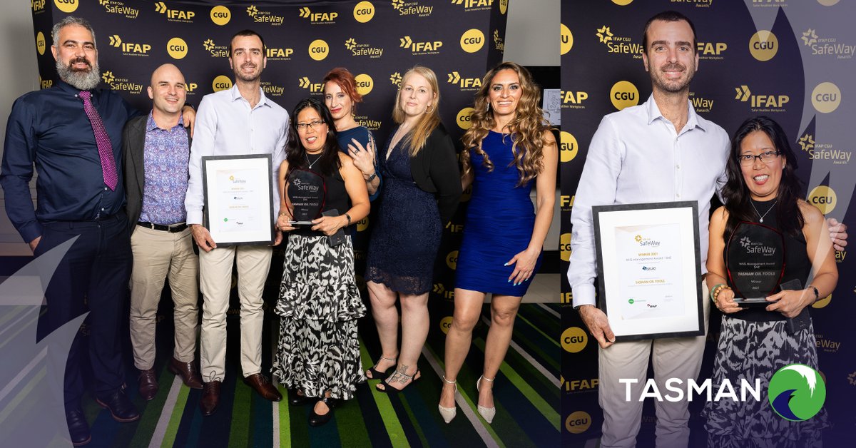 TasmanOilTools's tweet photo. Tasman attended the SafeWay Awards gala event & won the WHS Management Award - SME in the 2021 IFAP CGU SafeWay Awards! Big congrats to Jason Arnall, Ichu Rebullo & the Tasman Australia team for their outstanding work!
#Tasman #YPFTF #SupportingEnergyTransition #SafeWayAwards https://t.co/OYvl9PEsBd