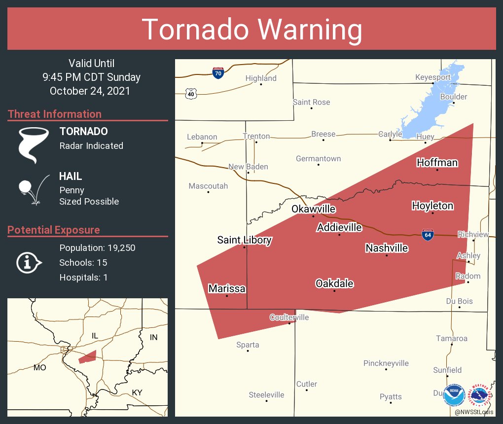 NWSStLouis's tweet photo. Tornado Warning including Nashville IL, Marissa IL, Okawville IL until 9:45 PM CDT https://t.co/bY5LdJPXA0