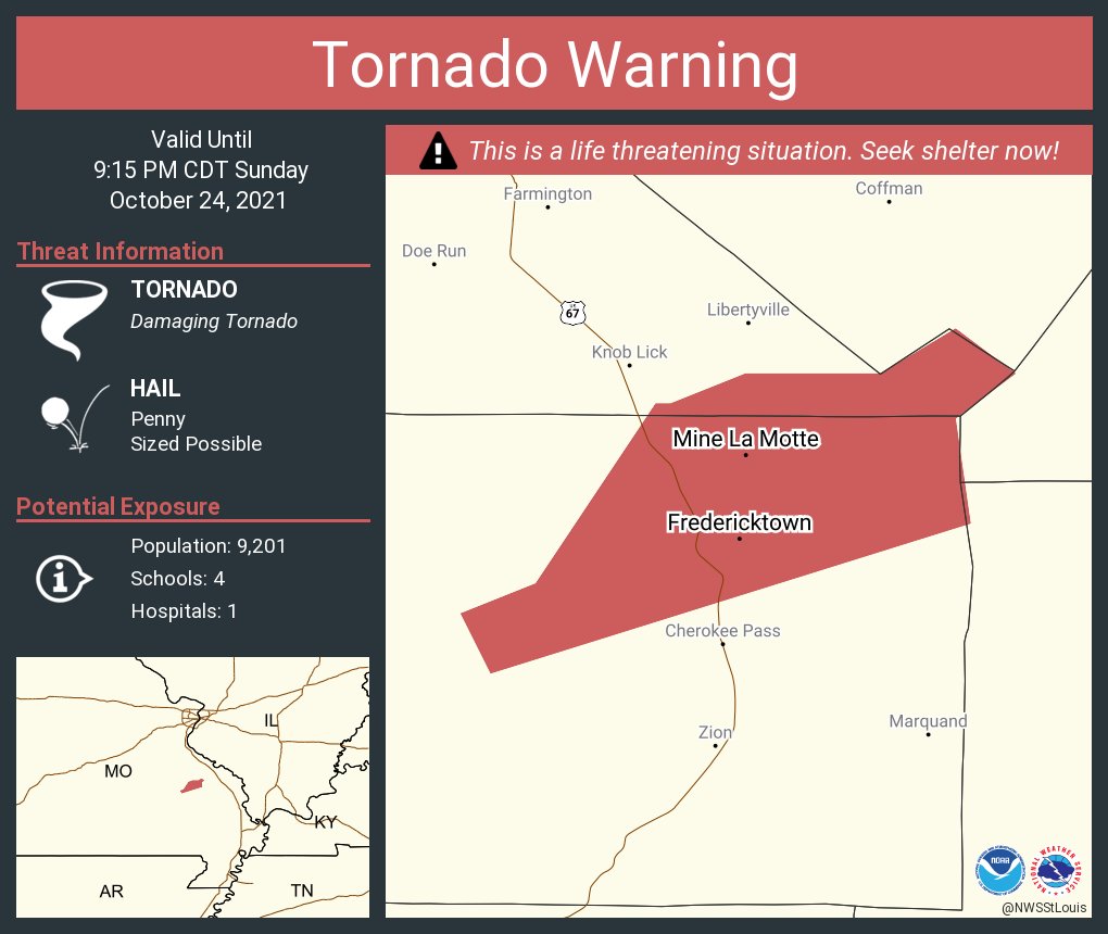 NWStornado's tweet photo. Tornado Warning continues for Fredericktown MO, Mine La Motte MO, Junction City MO until 9:15 PM CDT https://t.co/ykw6NFOg5J