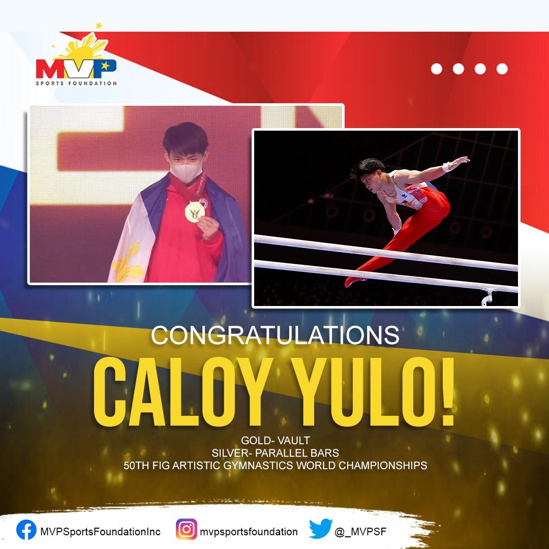 mvpsfph's tweet photo. Congratulations to our very own Gymnastics Phenom Carlos Yulo for bagging a gold and a silver medal in vault and parallel bars finals at the 50th FIG Artistic Gymnastics World Championships! 🔥🇵🇭🤸🏽‍♀️

Follow us on our social media handles! IG/FB/Twitter👉🏼 mvpsfph https://t.co/T19IQ7BSmr
