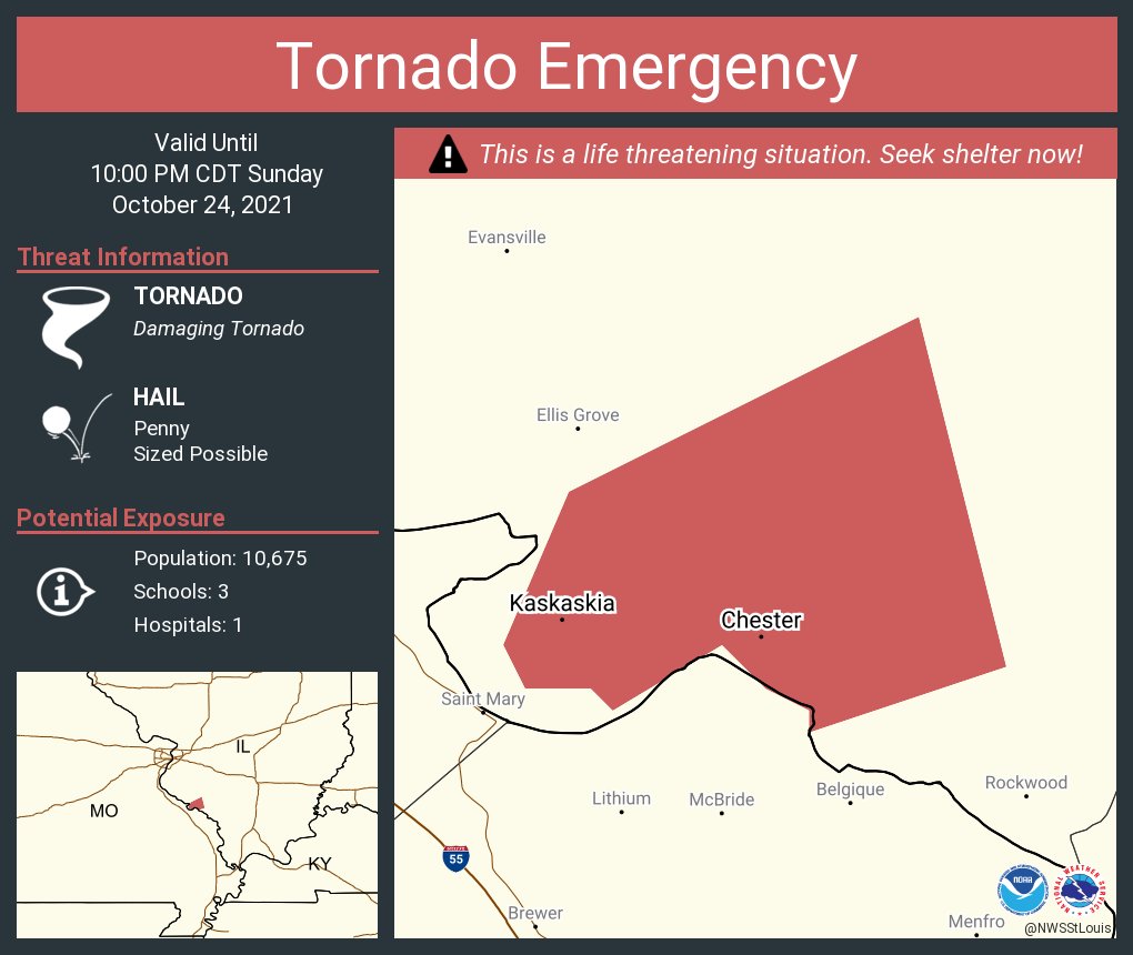 NWStornado's tweet photo. Tornado Emergency including Chester IL, Kaskaskia IL until 10:00 PM CDT https://t.co/rv0LajZGDa