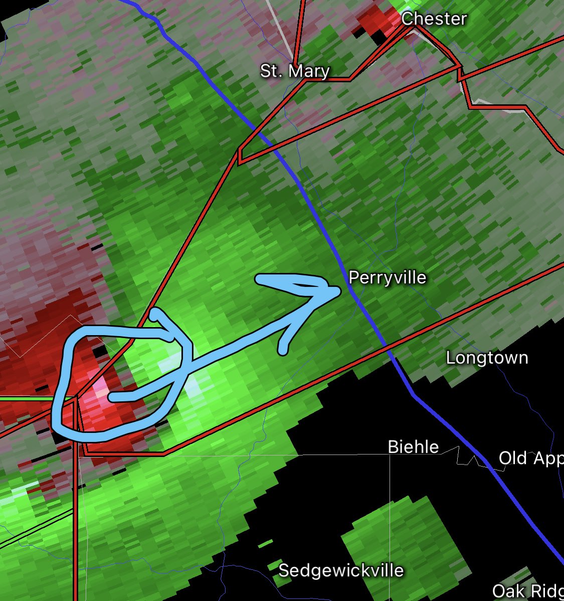 ReedTimmerUSA's tweet photo. PERRYVILLE, MO! Take shelter immediately! A destructive tornado is moving rapidly toward your location. This is a potentially deadly situation https://t.co/Ret8tbxqnk